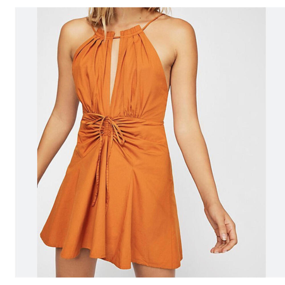 FREE PEOPLE brown cotton ruched mini dress sz S - Picture 1 of 7